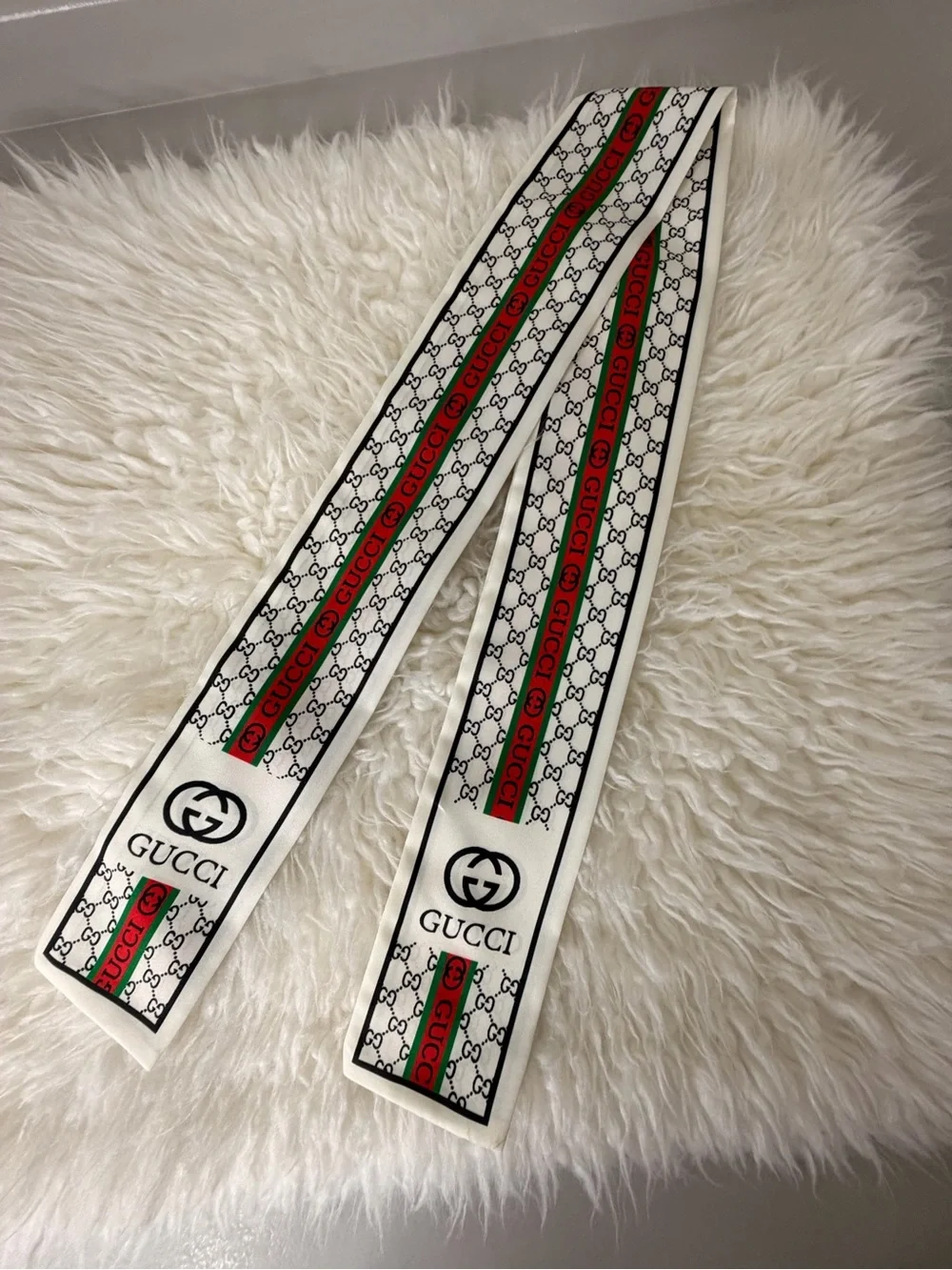 White Silk Logo Web Stripe Skinny Scarf